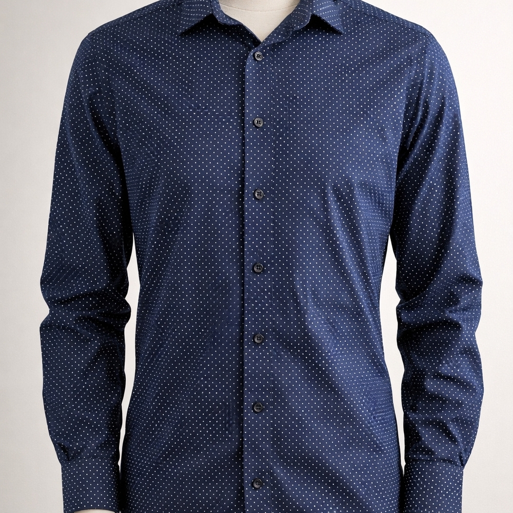 Express 1MX Extra Slim Blue Polka Dot Button Down Shirt L 16-16.5 Stretch Cotton